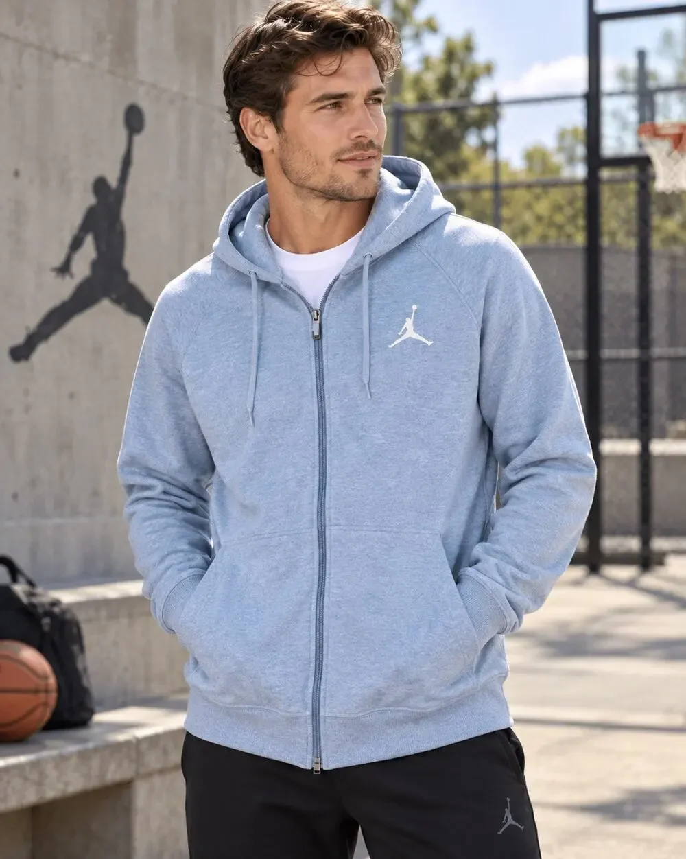 Nike Air Jordan Full Zip Hoodie Men’s Large Light Blue Jumpman Fleece Sweatshirt